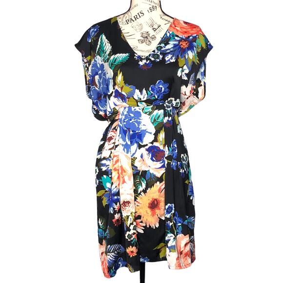 H&M SIZE 10 Floral Light Weight V-Neck Fitted Waist Short Sleeve Blouson Dress - Picture 1 of 10